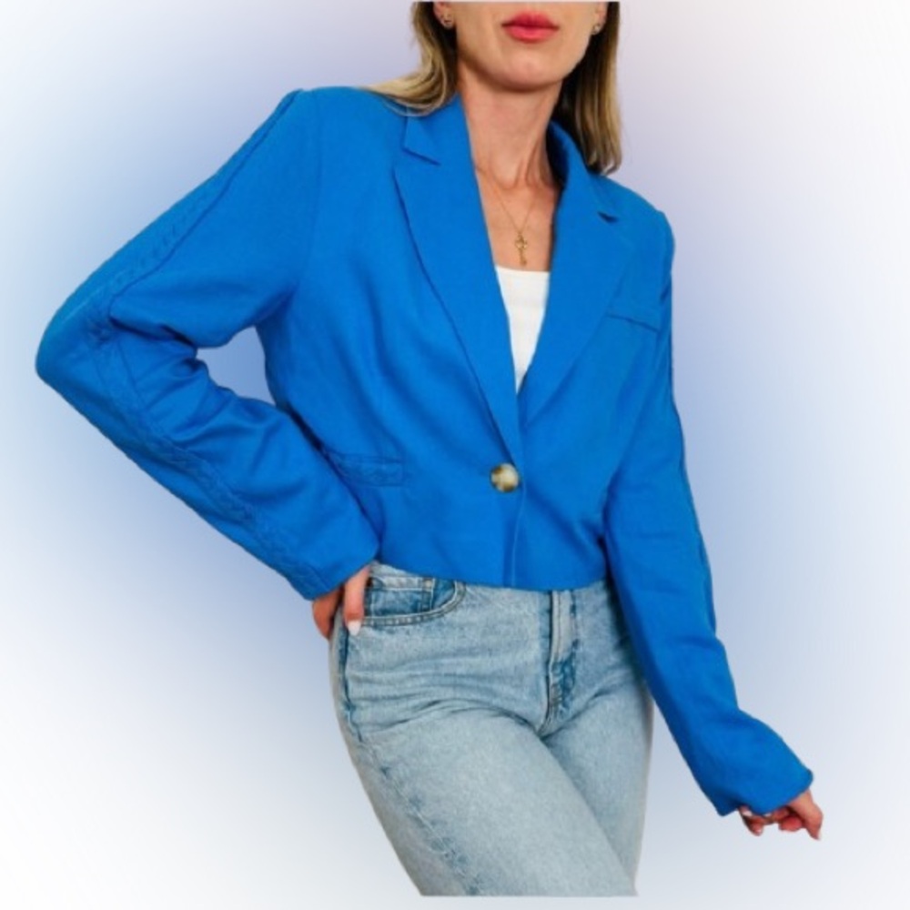 NWT Designer Jason Wu Cropped Linen Blazer, Blue, Medium - Picture 13 of 13